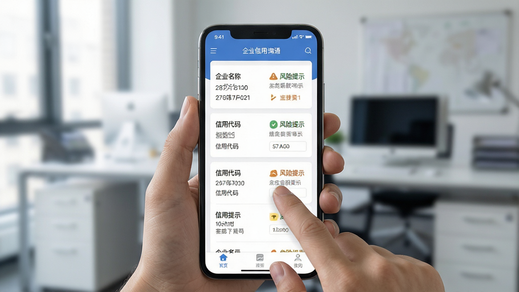 一张展示企业信用查询通应用在手机屏幕上运行企业信用报告查询功能的场景图,主体为手持智能手机展示应用界面,布局为手机屏幕居中显示企业信用信息列表,排版包含企业名称、信用代码、风险提示等模块,风格为现代商务移动应用风格,细节包含手指点击屏幕的操作手势和干净的数据卡片,背景为虚化的办公室环境,画质高清,干净,无多余元素