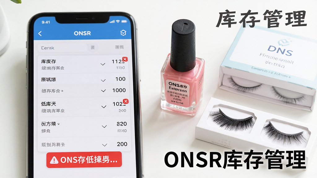 一张展示库存管理功能的场景图,画面主体是手机屏幕显示ONSR库存列表,旁边有美甲油瓶、睫毛盒等产品实物,手机下方有低库存红色提醒标识,布局为手机与产品并排摆放,风格为清新写实摄影风,细节包括清晰的库存数字和产品标签,画质明亮干净,图片中有文字