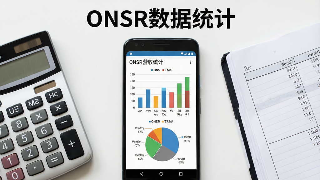 一张展示数据报表的手机界面图,画面中央是安卓手机屏幕显示ONSR营收图表,包括柱状图和饼图,手机旁边有计算器和纸质账本,布局为手机居中,风格为商务简约风,细节包括清晰的数字和彩色图表,画质高清干净,图片上方有文字