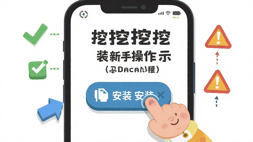 萌宝挖挖挖新手操作示意图,主体为卡通萌宝手指点击安装按钮,布局为手机屏幕界面,排版突出安装步骤与注意图标,风格为扁平化教程插画,细节包含勾选标记、警告标志、彩色箭头,画质高清干净无多余元素