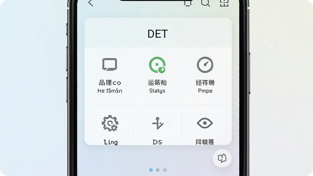 一张展示DET软件主界面的手机屏幕截图,画面中央是简洁的检测工具面板,顶部显示软件名称“DET”,下方排列着设备信息、运行状态等检测模块图标,背景为浅色渐变,风格干净清爽,画质清晰,无多余元素