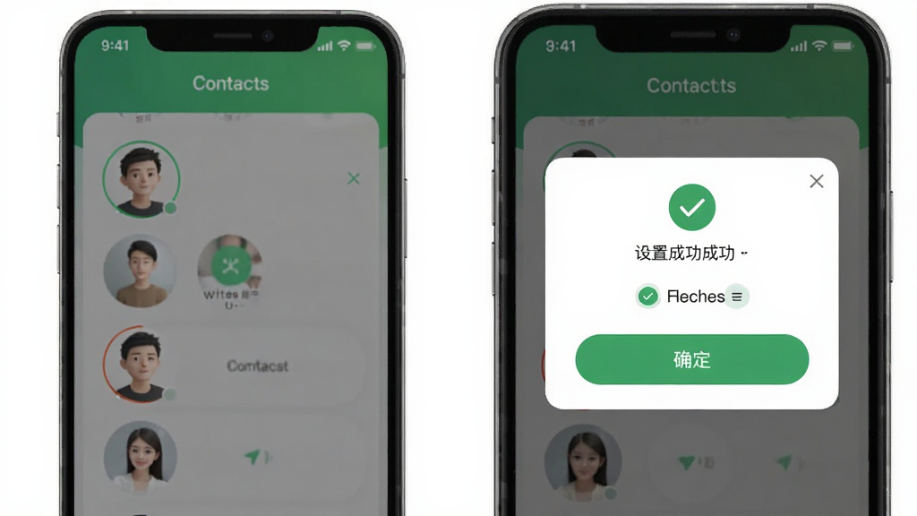 超级火爆铃声APP的铃声设置向导界面,主体为手机屏幕显示设置成功弹窗和联系人头像选择列表。布局为卡片式弹窗排版。风格为清新的绿色系UI,细节包括对勾图标、铃声名称标签、确定按钮。画质清晰,干净,无多余元素。