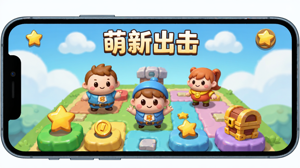 画面中央放置一个手机屏幕,屏幕内展示萌新出击游戏主界面,几个圆润可爱的卡通角色站在彩色关卡地图上,周围有星星、金币和宝箱元素,背景是柔和的蓝天与白云,整体采用明快卡通风格,色彩饱和度高,细节清晰,画质干净,无多余元素,适合下载站配图