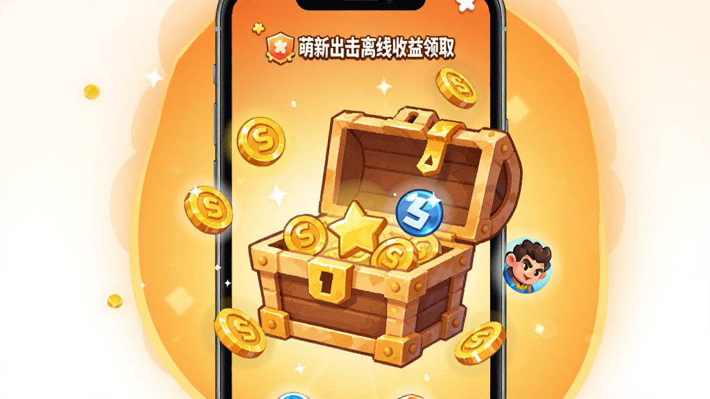 萌新出击离线收益领取界面,手机屏幕中显示一个打开的宝箱,周围飘出金币和经验图标,背景是温暖的橙黄色光晕,界面布局简洁,风格卡通可爱,画质干净,无多余元素