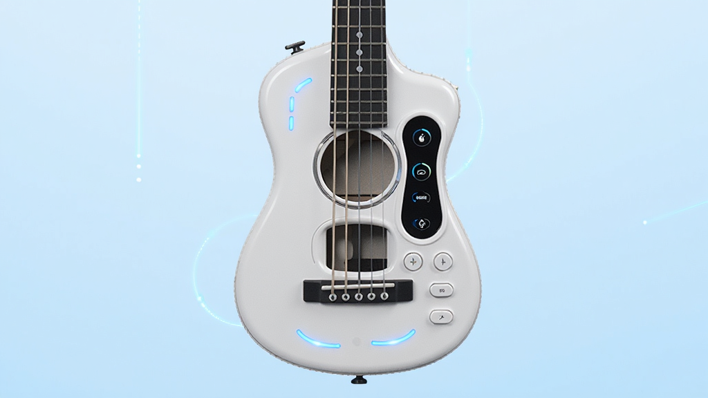 Musspark智能无弦小吉他产品主图,主体为一款白色便携吉他造型的智能设备,布局居中展示,背景为浅蓝色渐变,风格清新科技感,细节包含LED指示灯、触控面板、简约按键,画质高清,干净,无多余元素