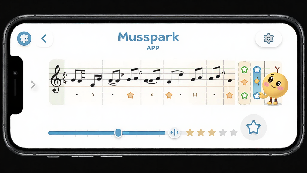 Musspark APP互动教学界面图,主体为手机屏幕显示曲谱与指法提示,布局为竖屏展示,风格清新教育类UI,细节包含音符轨道、进度条、评分星级、卡通引导角色,画质高清,干净,无多余元素