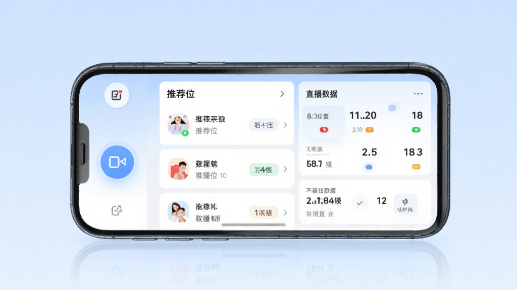 来推荐店播宝软件主界面展示,手机屏幕中央显示店播推荐管理面板,包含推荐位列表和直播数据卡片,背景为浅蓝色渐变,布局简洁清爽,风格为现代扁平化UI设计,细节包括图标按钮和状态标签,画质高清,干净,无多余元素
