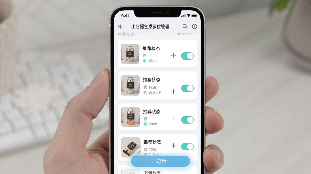 来推荐店播宝推荐位管理界面,手机屏幕显示多个推荐卡片纵向排列,每张卡片包含商品缩略图和推荐状态开关,主体为手机特写,布局居中,风格为清新浅色系,细节包括拖拽排序图标和同步按钮,画质高清,干净,无多余元素