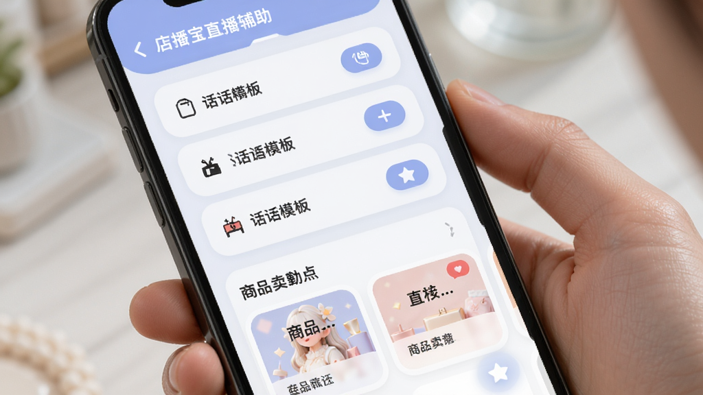来推荐店播宝直播辅助功能界面,手机屏幕展示话术模板列表和商品卖点卡片,主体为手持手机场景,布局为屏幕内容特写,风格为柔和圆角卡片设计,细节包括复制按钮和收藏图标,画质清晰,干净,无多余元素