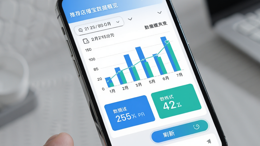 来推荐店播宝数据概览界面,手机屏幕显示柱状图和数字卡片,图表颜色为蓝绿配色,主体为手机屏幕特写,布局上下结构,风格为简约商务风,细节包括日期筛选器和刷新按钮,画质高清,干净,无多余元素