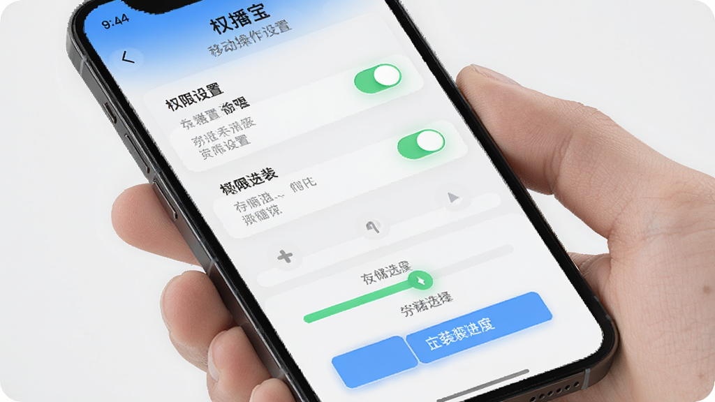 来推荐店播宝移动端操作场景,手机屏幕显示权限设置界面和安装进度条,主体为手机特写,布局为屏幕内容居中,风格为写实科技感,细节包括权限开关和存储选择按钮,画质高清,干净,无多余元素