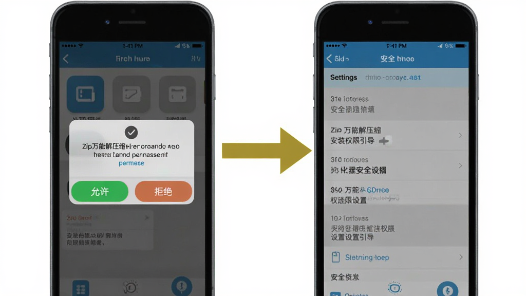 zip万能解压缩安装权限设置引导图,画面展示手机屏幕弹出权限请求对话框,下方有允许和拒绝两个按钮,旁边有箭头指向设置中的安全选项页面,主体为手机界面截图风格,布局左右分步展示,风格为教程指引类,细节上按钮高亮、文字清晰,画质干净,无多余元素