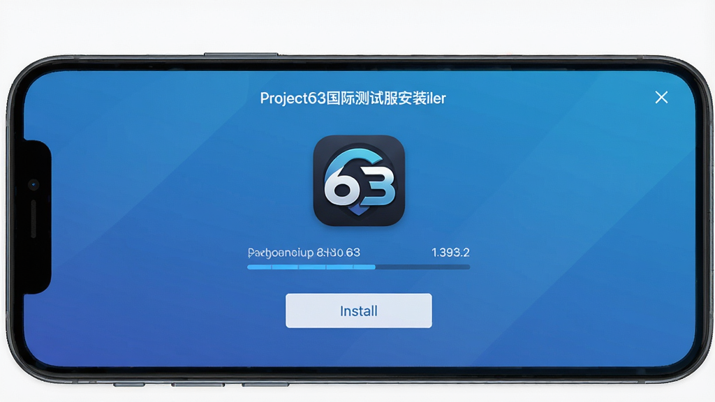 一张展示Project63国际测试服安装器软件界面的图片,主体为手机屏幕中显示的安装器主页面,页面中央有Project63游戏图标和安装按钮,布局简洁清晰,排版为居中对称式,风格为现代科技感UI设计,细节包括进度条、版本号1.393.2文字标识、蓝色渐变背景,画质高清干净无多余元素