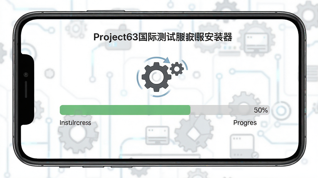 一张展示Project63国际测试服安装器一键安装功能的图片,主体为手机界面中显示的安装进度条和自动化流程图标,布局为上下结构,排版清晰直观,风格为扁平化科技风格,细节包括Project63国际测试服安装器文字标识、齿轮转动动画效果、进度百分比数字,画质高清干净无多余元素