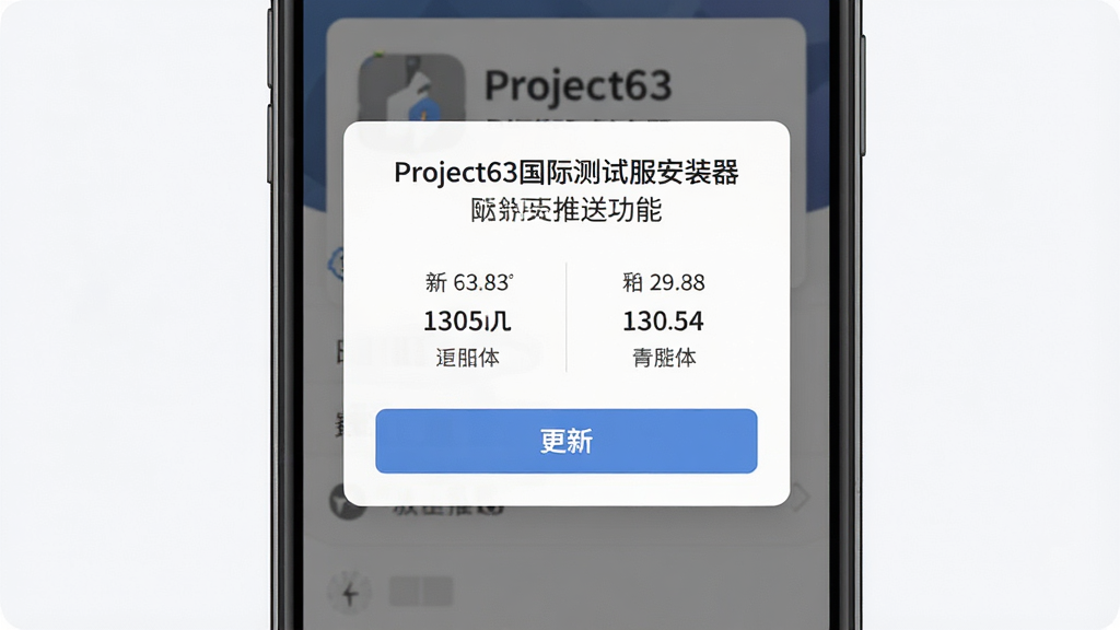 一张展示Project63国际测试服安装器更新推送功能的图片,主体为手机屏幕显示更新提示弹窗和版本对比信息,布局为弹出式卡片设计,排版层次分明,风格为清新简约风格,细节包括Project63国际测试服安装器名称、新旧版本号对比、更新按钮,画质高清干净无多余元素