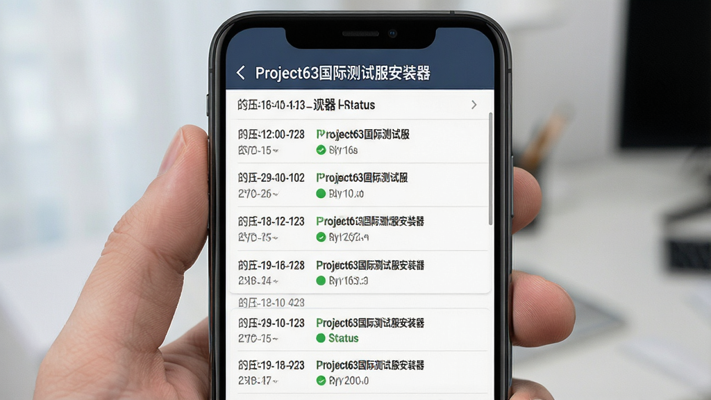 一张展示Project63国际测试服安装器日志记录功能的图片,主体为手机界面中显示的安装日志列表,布局为纵向滚动列表式,排版整齐规范,风格为商务简洁风格,细节包括日志时间戳、状态标识、Project63国际测试服安装器文字,画质高清干净无多余元素