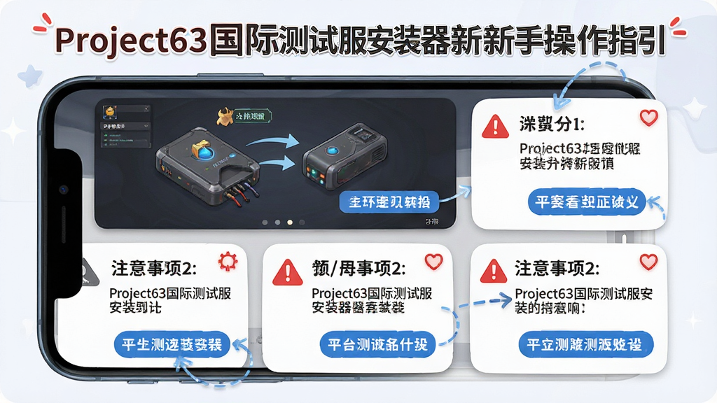 一张展示Project63国际测试服安装器新手操作指引的图片,主体为手机屏幕中显示的安装步骤图示和注意事项标注,布局为分步骤卡片式排列,排版清晰有序,风格为友好教学风格,细节包括Project63国际测试服安装器文字、红色警示标识、蓝色提示标签,画质高清干净无多余元素