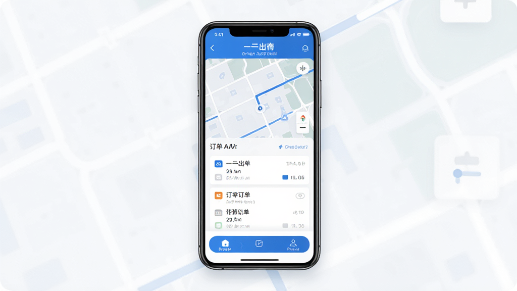 如一出行司机端手机应用主界面展示,画面中央是一部智能手机,屏幕显示如一出行司机端APP的接单大厅页面,包含地图导航区域、订单卡片列表和底部功能按钮,布局清晰合理,排版整齐有序,风格为现代简约科技风,细节上突出蓝色主色调和白色卡片设计,画质高清干净,无多余元素