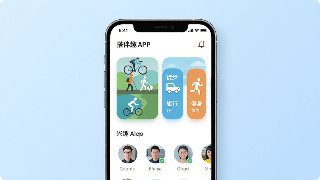 主体为一部智能手机屏幕,屏幕中显示搭伴趣APP的主界面,界面中有骑行、徒步、旅行、健身等兴趣标签卡片和用户头像列表,布局为居中展示手机,背景为浅蓝色渐变,排版简洁清晰,风格为现代扁平化UI设计,细节包括圆角图标、柔和阴影、状态栏时间显示,画质为高清2K,干净,无多余元素