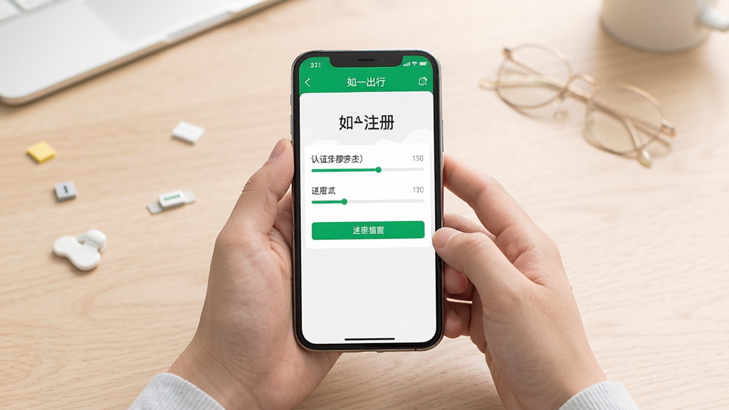 如一出行司机端新手操作指南示意图,画面为一双手持手机展示如一出行司机端注册页面,背景为浅色桌面,布局为居中构图,风格为清新教程风格,细节上屏幕中显示认证步骤进度条,画质高清,干净无多余元素