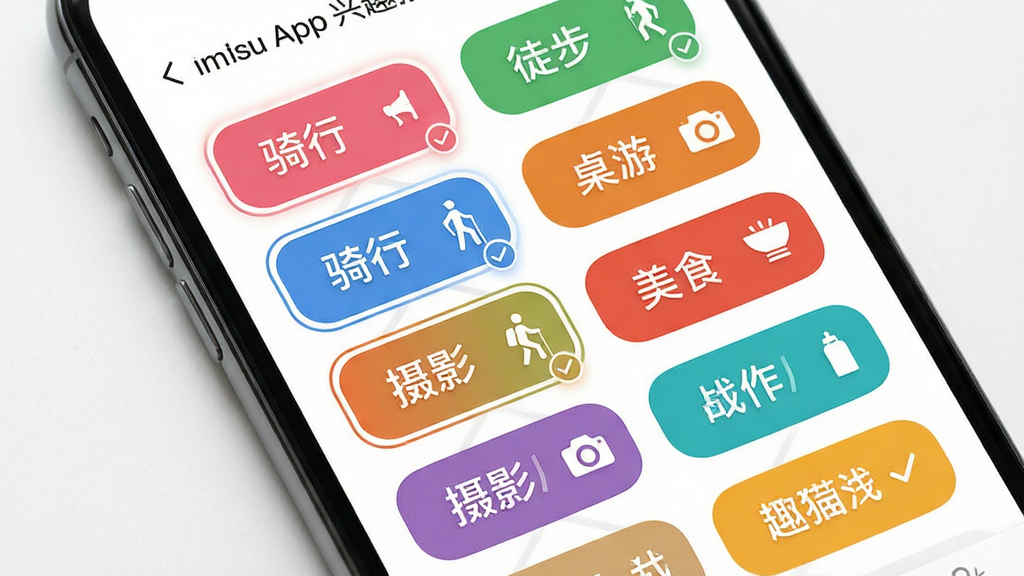 主体为手机屏幕特写,屏幕上展示搭伴趣APP的兴趣标签选择页面,标签以彩色圆角矩形排列,包括骑行、徒步、桌游、摄影、美食等字样,布局为标签网格排列,背景为白色,排版整齐,风格为清新简约风,细节包括选中状态的高亮边框和勾选图标,画质为高清2K,干净,无多余元素