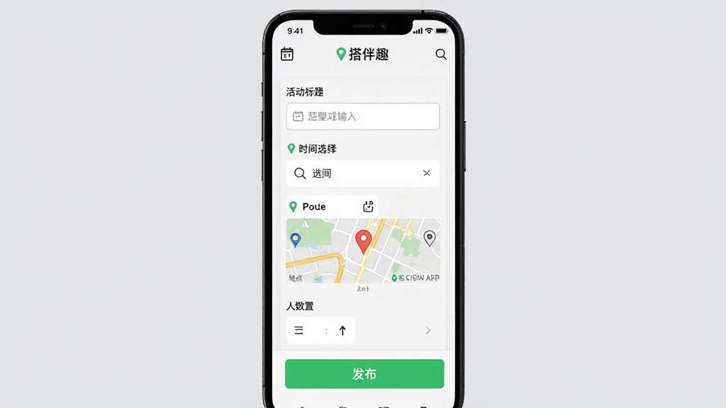 主体为手机屏幕展示搭伴趣APP活动发布页面,页面中有活动标题输入框、时间选择器、地点地图标记、人数设置和发布按钮,布局为纵向表单排列,背景为浅灰色,排版清晰,风格为现代移动端UI,细节包括日历图标、定位图标和绿色发布按钮,画质为高清2K,干净,无多余元素