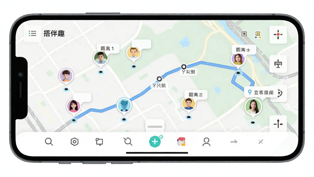 主体为手机屏幕显示搭伴趣APP地图界面,地图上有多个彩色头像标记代表队友位置,布局为全屏地图加底部信息栏,背景为浅色地图底图,排版简洁,风格为科技感地图UI,细节包括路线连线、距离显示和头像气泡,画质为高清2K,干净,无多余元素