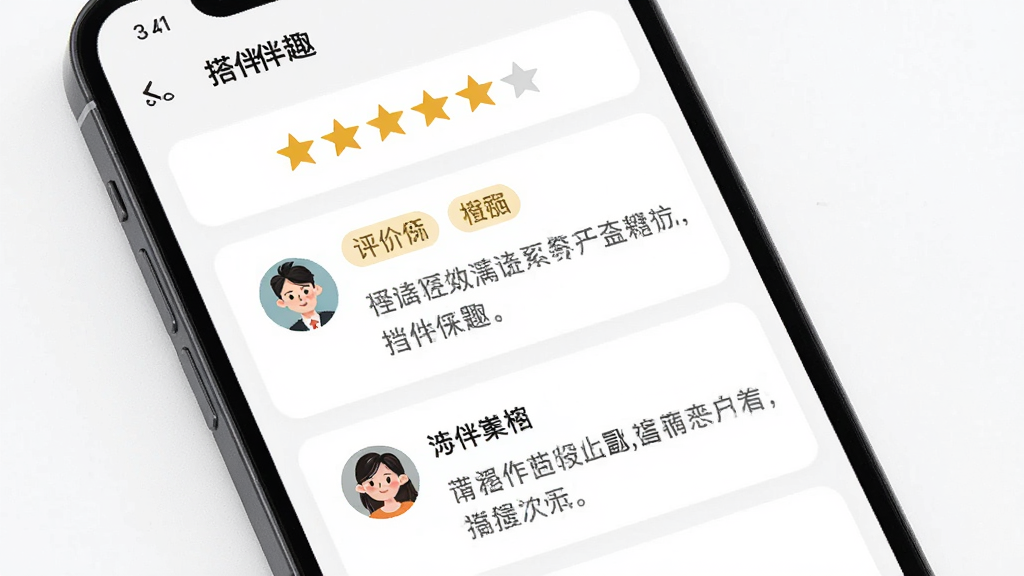 主体为手机屏幕展示搭伴趣APP用户评价页面,页面中有五星评分条、评价标签和文字评价内容,布局为卡片式列表排列,背景为白色,排版整洁,风格为清新社交风,细节包括金色星星图标和用户头像,画质为高清2K,干净,无多余元素