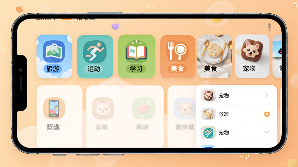 主体为手机屏幕展示搭伴趣APP场景频道切换页面,页面中有旅游、运动、学习、美食、宠物等多个频道入口图标,布局为横向滑动卡片加纵向列表,背景为浅橙色渐变,排版活泼,风格为年轻化社交UI,细节包括彩色图标和频道名称文字,画质为高清2K,干净,无多余元素