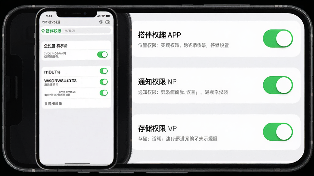 主体为手机屏幕展示搭伴趣APP权限设置引导页面,页面中有位置权限、通知权限、存储权限的开关按钮,布局为纵向列表排列,背景为白色,排版清晰,风格为移动端设置界面,细节包括权限说明文字和绿色开关,画质为高清2K,干净,无多余元素