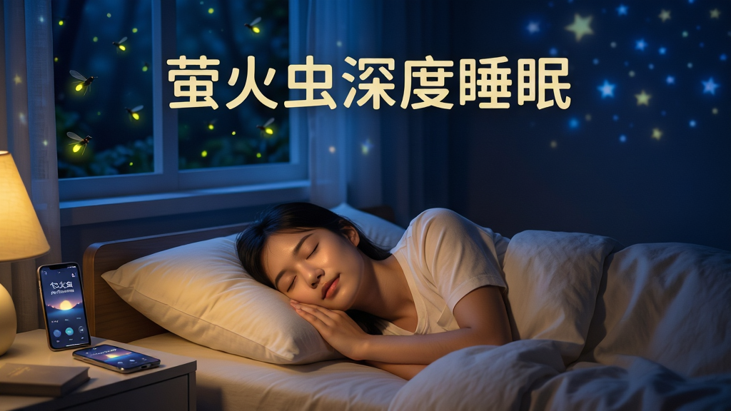 夜晚宁静的卧室场景,一位年轻人闭眼安睡在床上,窗外有萤火虫微光闪烁,主标题文字“萤火虫深度睡眠”居中显示,整体色调深蓝与暖黄交织,风格温馨治愈,细节包括柔软枕头、淡雅星空投影、床头柜上的手机屏幕显示助眠界面,画质高清,干净无多余元素