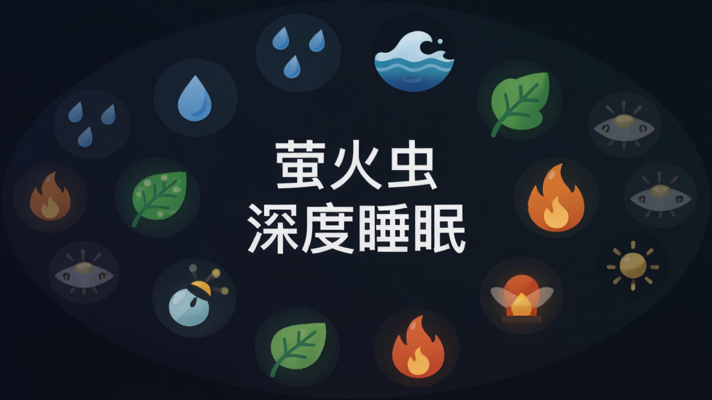 一个圆形环绕的自然音效图标集合,中心是“萤火虫深度睡眠”文字,周围分布雨滴、海浪、树叶、火焰等小图标,布局对称,风格扁平化,细节清晰,画质干净,背景为深色渐变,无多余装饰