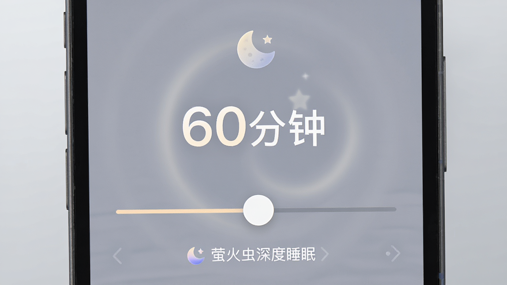 手机屏幕显示定时设置界面,数字“60分钟”高亮,下方有滑动条和“萤火虫深度睡眠”标识,布局简洁,风格现代,细节包括柔和光晕、月亮图标,画质清晰,背景为浅灰渐变,无杂乱元素
