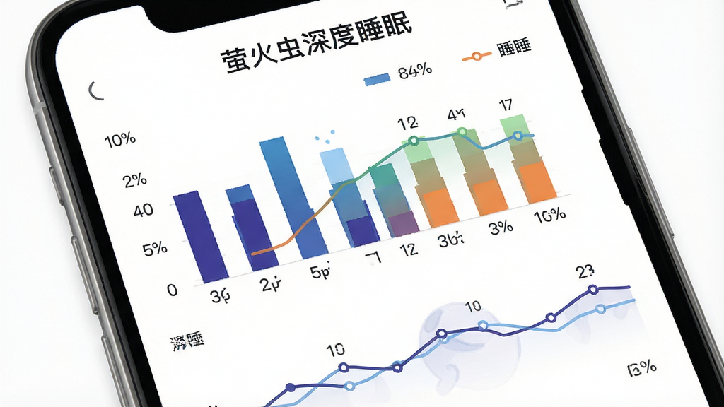 手机屏幕展示睡眠数据图表,包含柱状图与折线图,顶部标注“萤火虫深度睡眠”字样,布局清晰,风格商务简约,细节有深睡浅睡颜色区分、百分比数字,画质高清,背景白色干净,无多余图标