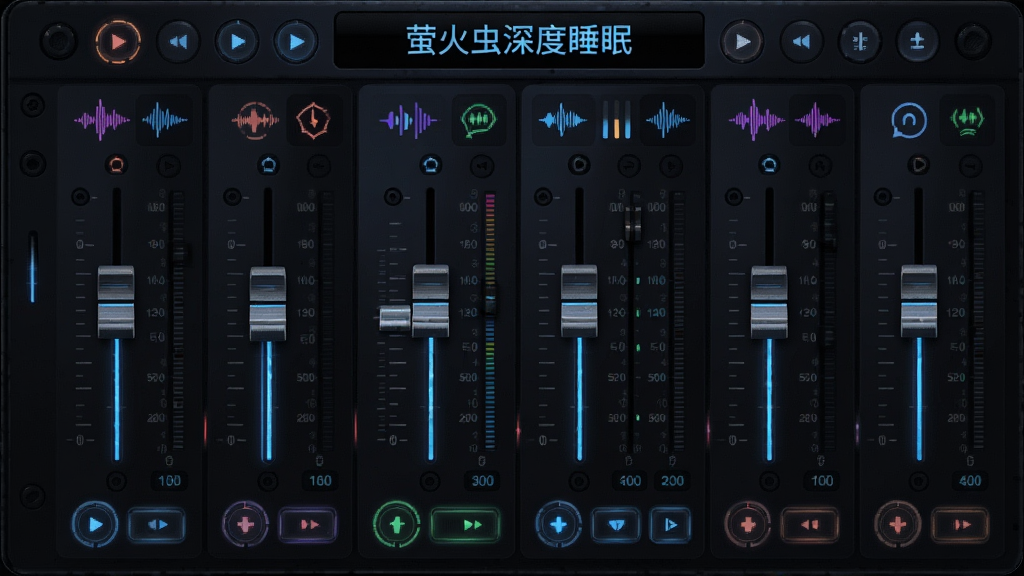混音台界面,多个音轨滑块并列,每个滑块旁有不同音效图标,顶部中央显示“萤火虫深度睡眠”,布局左右对称,风格科技感,细节包括音量刻度、发光按钮,画质精细,背景深色,无杂乱文字