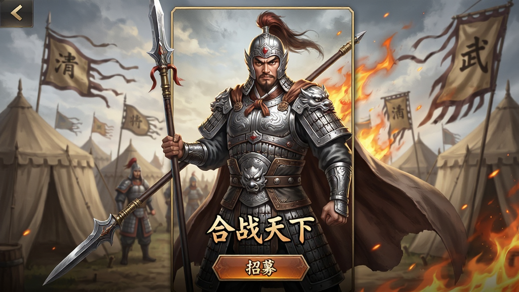 一张写实国风风格的武将招募界面图,画面中央是一个巨大的武将立绘,武将身披银色铠甲手持长枪,背景是营帐与战旗。画面布局采用竖版卡牌展示构图,武将立绘占据画面主体,下方显示