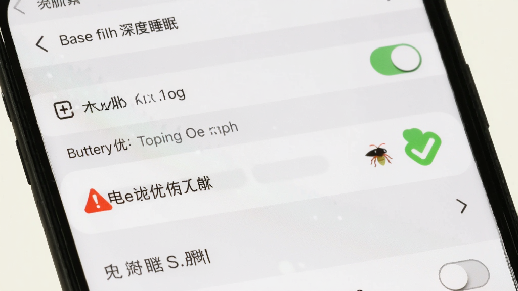 手机屏幕显示萤火虫深度睡眠的后台设置界面,电池优化选项高亮,旁边有红色警告图标和绿色对勾图标,布局清晰,风格直观,细节包括设置菜单、开关按钮,画质高清,背景浅色,无多余文字