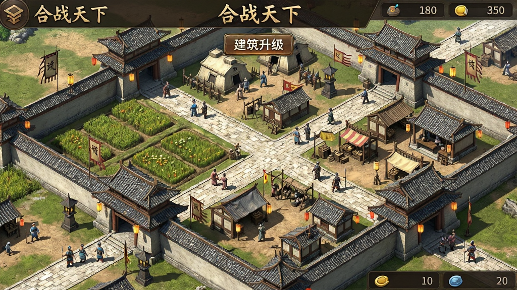 一张写实国风风格的主城建设界面图,画面展示一座繁荣的古代城池俯瞰图,城内有农田、兵营、市集等建筑,道路上有百姓和士兵走动。画面布局采用斜45度俯视构图,