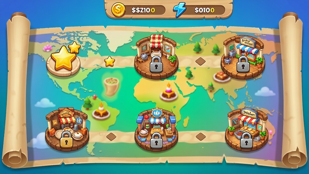Foodie Sizzle游戏关卡选择界面,画面以卷轴式地图呈现,沿途分布着不同主题的餐厅场景,每个关卡节点用星星和锁形图标标记进度,背景是渐变色的美食世界地图,顶部显示当前拥有的金币和体力值,整体布局清晰,风格清新明快,画质细腻,无多余装饰元素,适合作为下载站功能展示图。