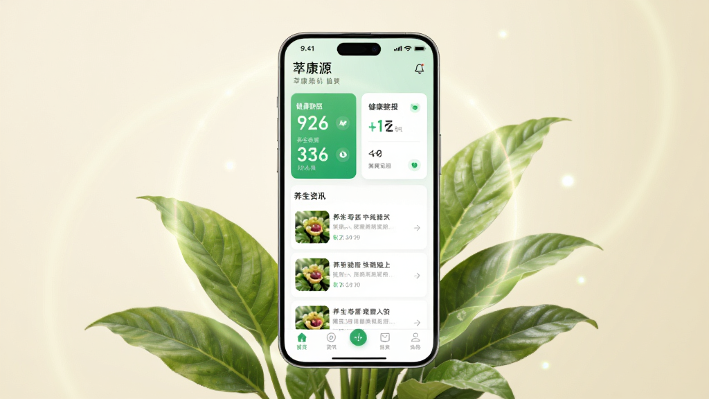 画面中央展示一部智能手机,手机屏幕显示萃康源软件首页界面,界面包含健康数据卡片、养生资讯列表和底部导航栏,手机周围环绕绿色植物叶片与柔和光晕,背景为浅米色渐变,整体风格清新自然,细节清晰,画质干净,无多余元素