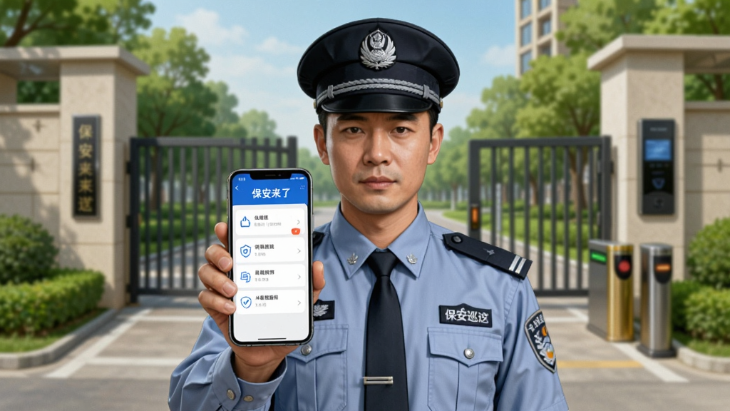 一张展示保安人员使用手机应用进行打卡巡逻的场景图,画面中央是一位穿着制服的保安手持智能手机,手机上显示着保安来了应用的打卡界面,背景是小区大门和巡逻路线,布局采用中心构图,风格为写实插画风,细节包括制服褶皱、手机屏幕反光、背景绿化带和门禁设备,画质清晰干净,无多余元素,图片中文字标注“保安来了”