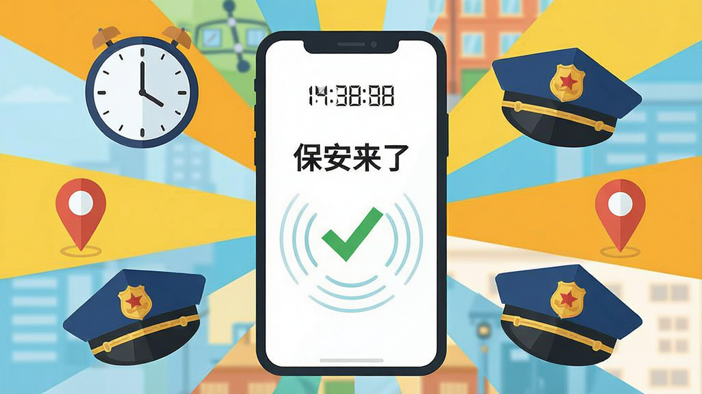 一张以考勤打卡为主题的扁平化插画,画面中央是一部放大的手机屏幕,屏幕上显示着“保安来了”的打卡成功界面和一个绿色的对勾图标,周围环绕着时钟、定位标记和保安帽等元素,布局采用放射状排版,风格为扁平化矢量风,细节包括屏幕上的时间数字、定位波纹、保安帽的徽章,画质干净清晰,无多余元素,图片中文字标注“保安来了”