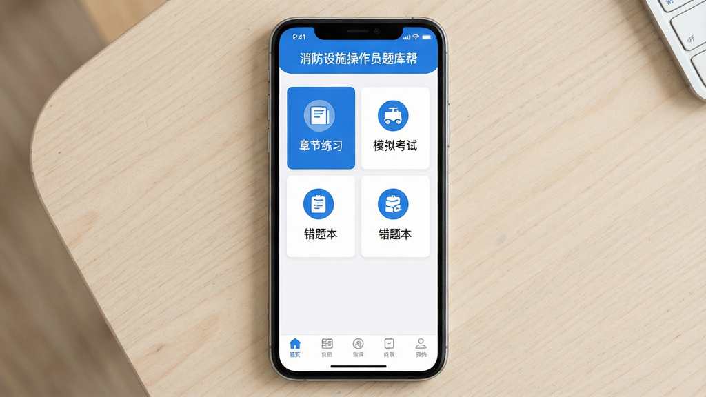 手机屏幕中显示消防设施操作员题库帮应用主界面,顶部有软件名称“消防设施操作员题库帮”文字标题,界面中部为题库分类卡片列表,包含章节练习、模拟考试、错题本等入口图标,底部为导航栏,整体采用蓝色与白色为主色调的教育类应用风格,画面干净整洁,手机置于浅色桌面背景中央,布局居中对称,风格为扁平化UI设计,细节包括清晰的图标和文字标签,画质高清,无多余装饰元素