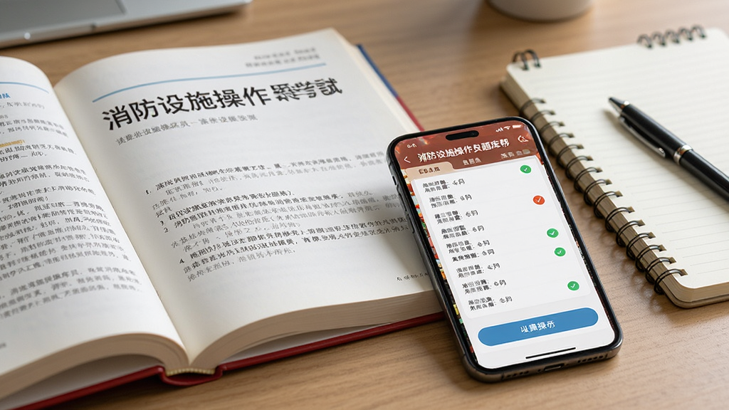 一本展开的消防设施操作员考试教材旁边放置一部手机,手机屏幕显示“消防设施操作员题库帮”的刷题界面,题目选项排列整齐,背景为书桌场景,有笔记本和笔作为点缀,主体突出手机与教材的搭配,布局采用三分法构图,风格为写实教育场景,细节包括屏幕上的题目文字和选项按钮,画质清晰,光线柔和,无杂乱元素
