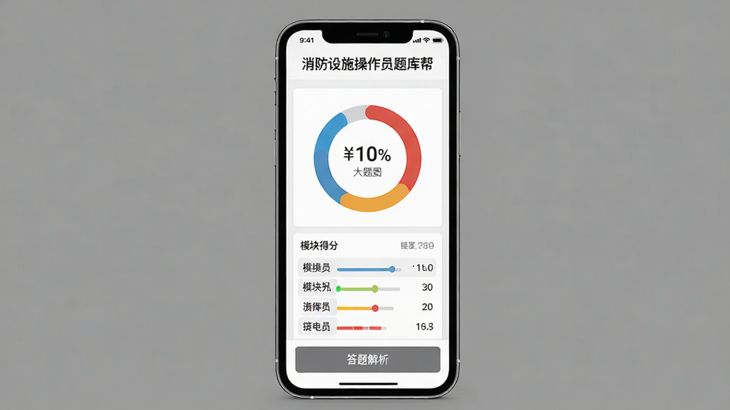 手机屏幕展示消防设施操作员题库帮模拟考试成绩报告页面,顶部有“消防设施操作员题库帮”字样,中部为环形得分图表和模块得分列表,底部有答题解析按钮,手机放置在纯色背景上,布局居中,风格为现代简约数据可视化界面,细节包括清晰的数字和图表颜色区分,画质高清,无多余元素