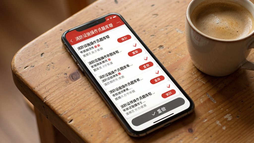 手机屏幕显示消防设施操作员题库帮的错题本页面,顶部有“消防设施操作员题库帮”文字,列表展示多道错题及红色错误标记,底部有重做按钮,手机斜放在木质桌面上,旁边有一杯咖啡,布局为生活化学习场景,风格为温暖写实,细节包括屏幕上的题目摘要和操作按钮,画质清晰,无杂乱背景元素