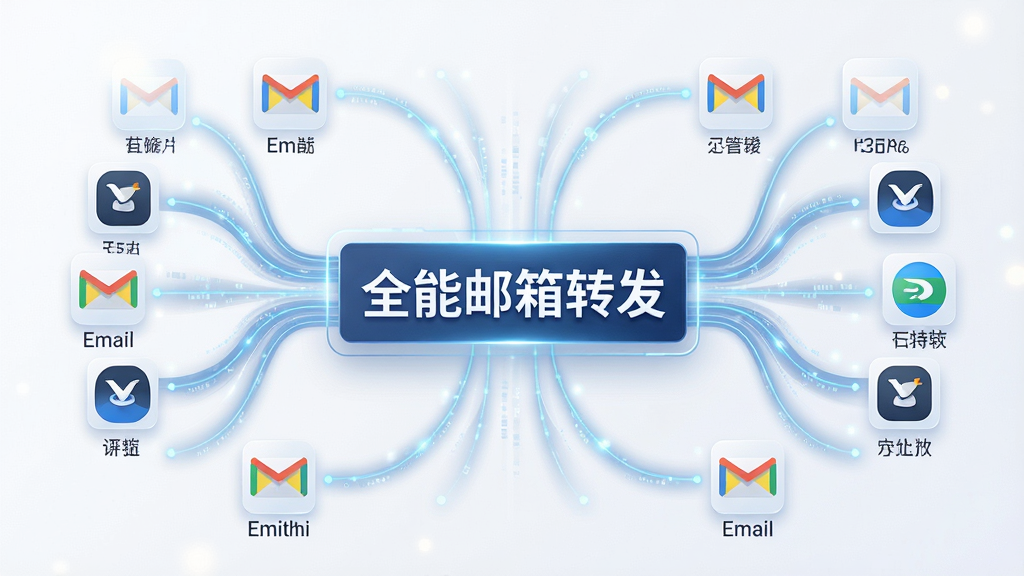一张信息图表风格的图片,画面中央是“全能邮箱转发”的文字标识,四周延伸出多条数据线连接着代表不同邮箱服务的图标,象征多账户统一管理,布局对称清晰,风格为简洁的商务科技感,细节包括发光的连接线和柔和的数据流动效果,画质高清,背景干净无杂质
