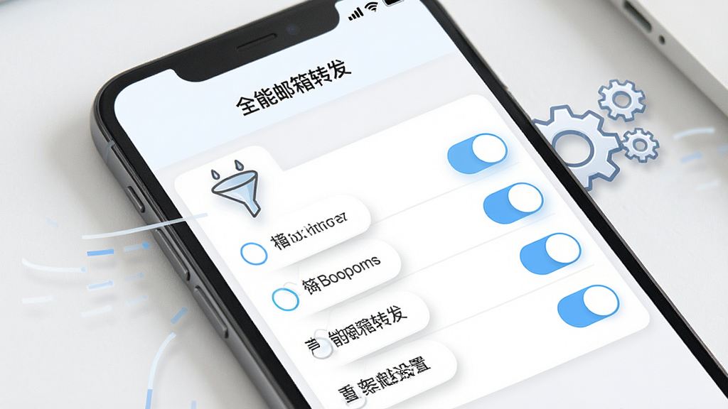 一张展示手机应用界面的图片,界面中显示着“全能邮箱转发”的规则设置页面,可以看到多个条件选项和开关按钮,画面中有代表智能过滤的漏斗图标和代表自动化的齿轮图标,风格为清新的移动端UI设计,细节包括清晰的文字标签和柔和的阴影,画质干净,无多余装饰