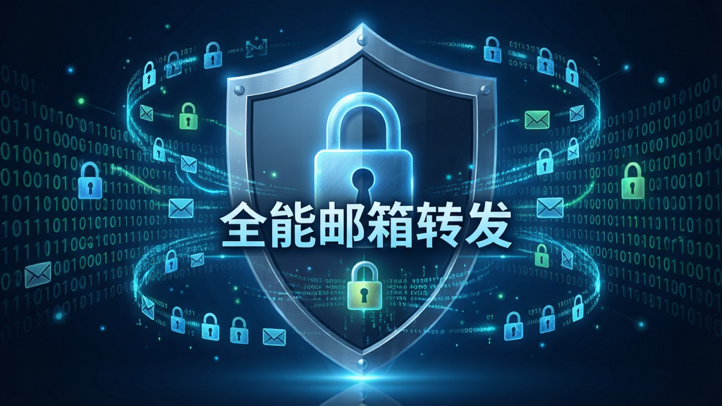 一张象征网络安全的图片,画面中央是一个带有锁形标志的盾牌,盾牌上写着“全能邮箱转发”,周围环绕着加密的数据流和二进制代码,风格为科技感十足的安全主题,细节包括发光的锁扣和流动的加密符号,画质清晰,背景干净