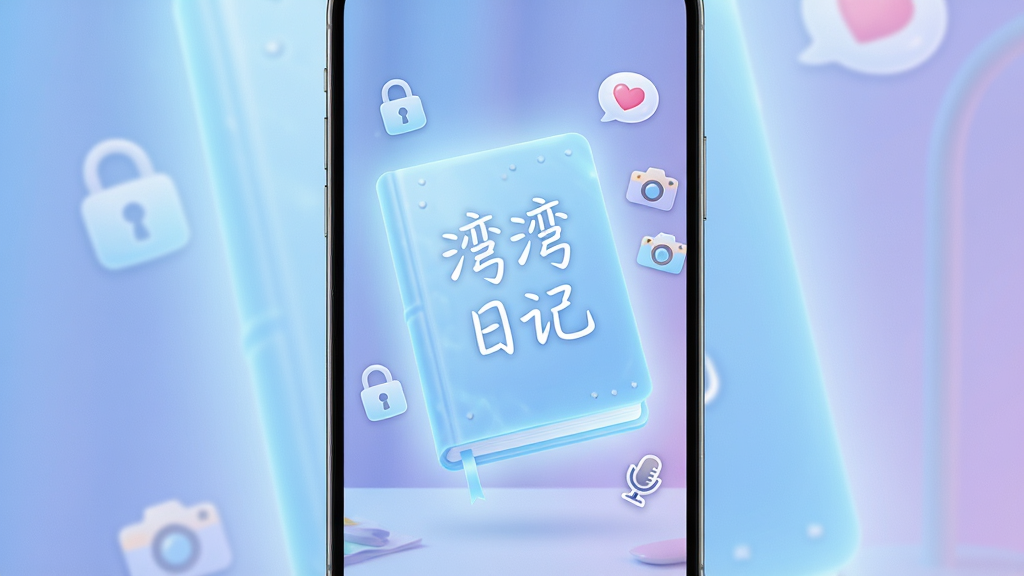 手机屏幕竖版构图,画面中央是一本发光的浅蓝色日记本悬浮在桌面,日记本封面写着